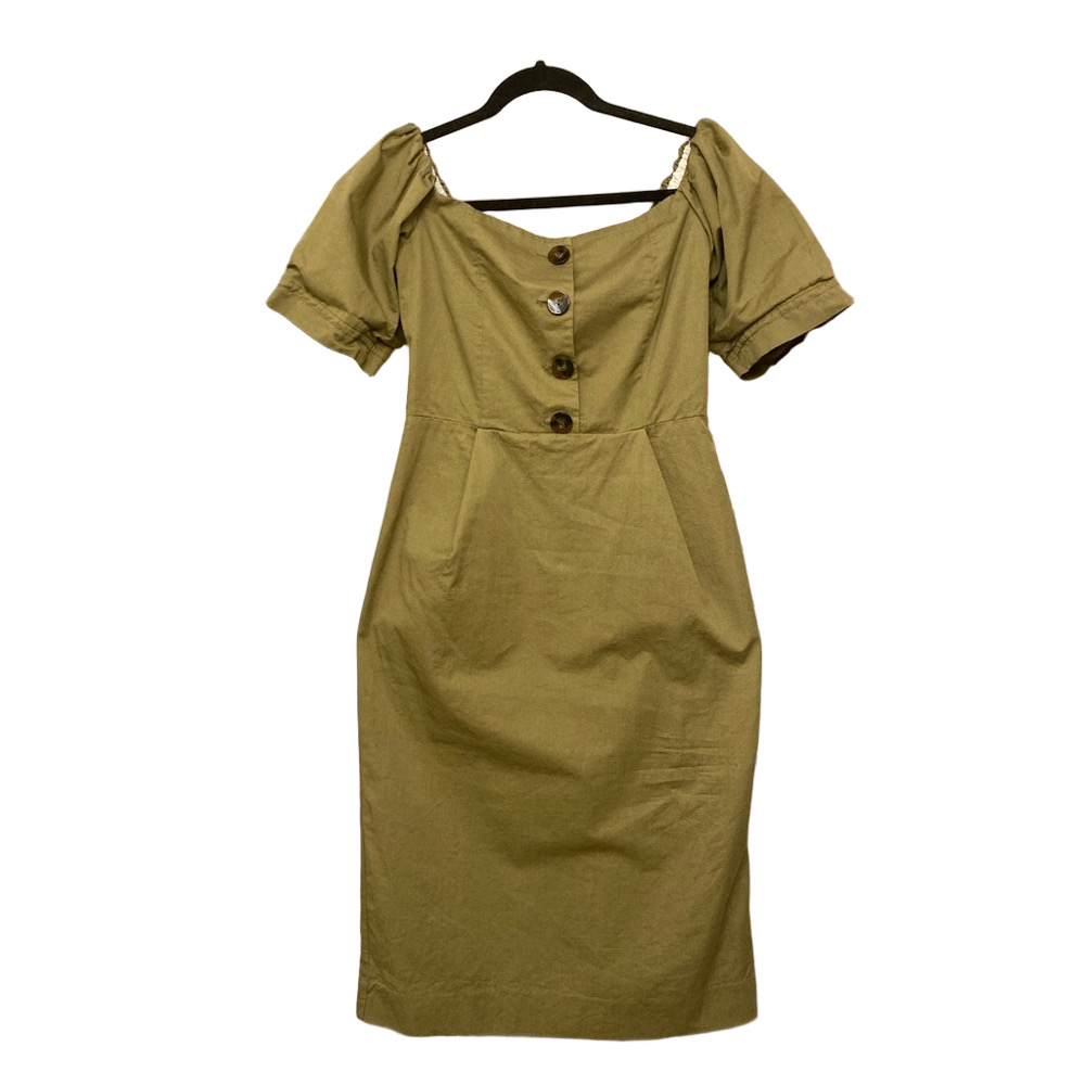 Zara Khaki Buttoned Off-Shoulder Midi Dress